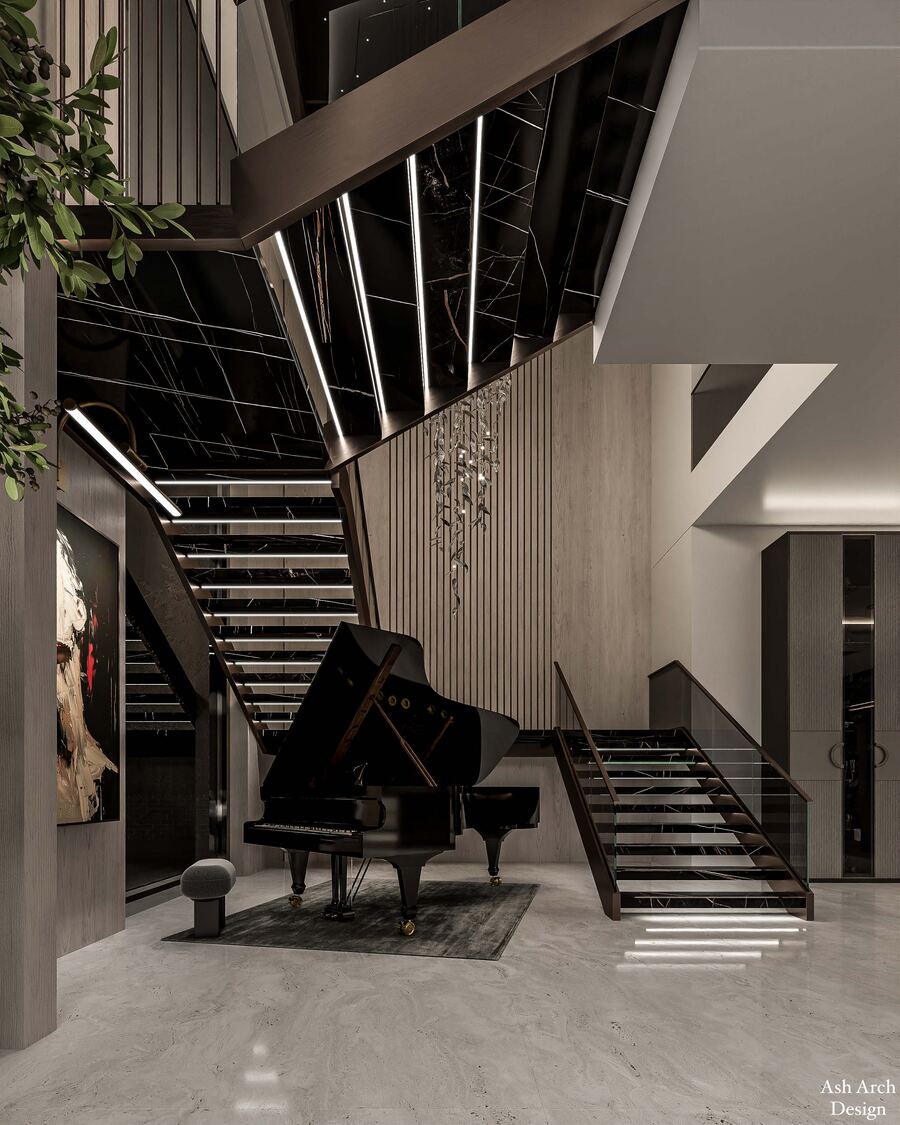 Staircase with grand piano