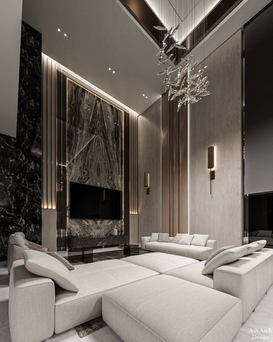 Living — book-matched marble wall