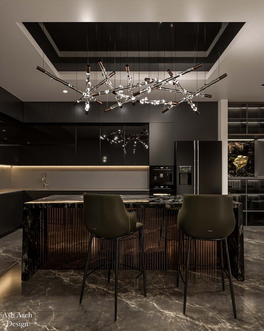Kitchen — wide view with branching chandelier