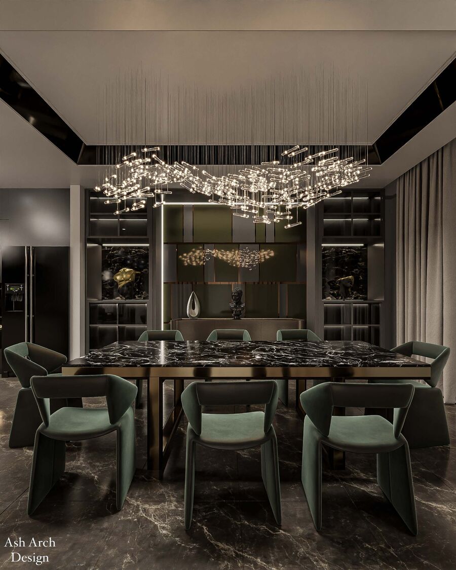 Dining — green velvet chairs and Nero marble table