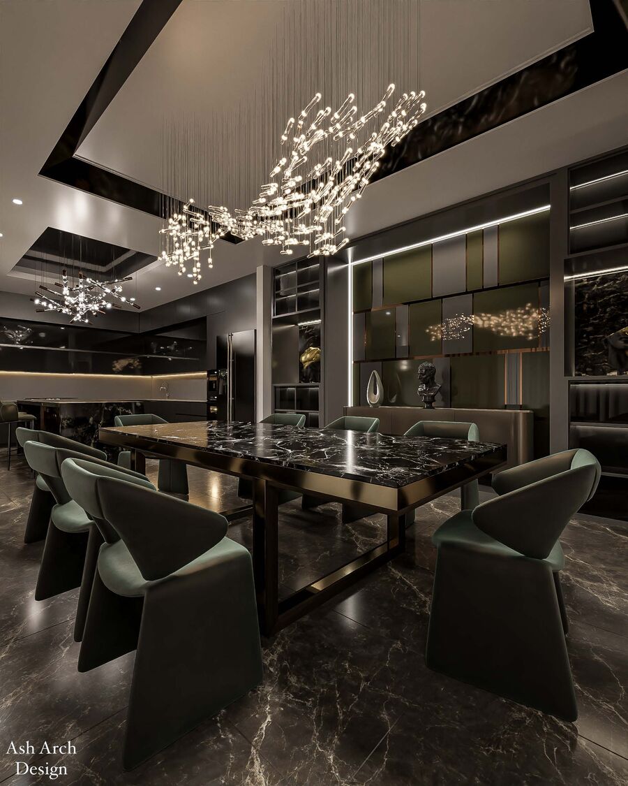 Dining — chandelier and green panel wall