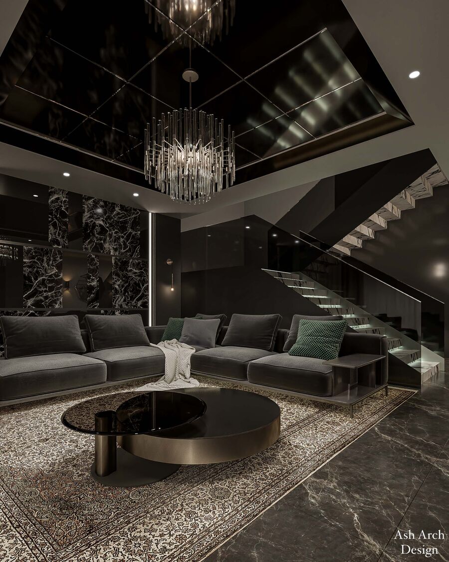 Living — reflective black ceiling and staircase