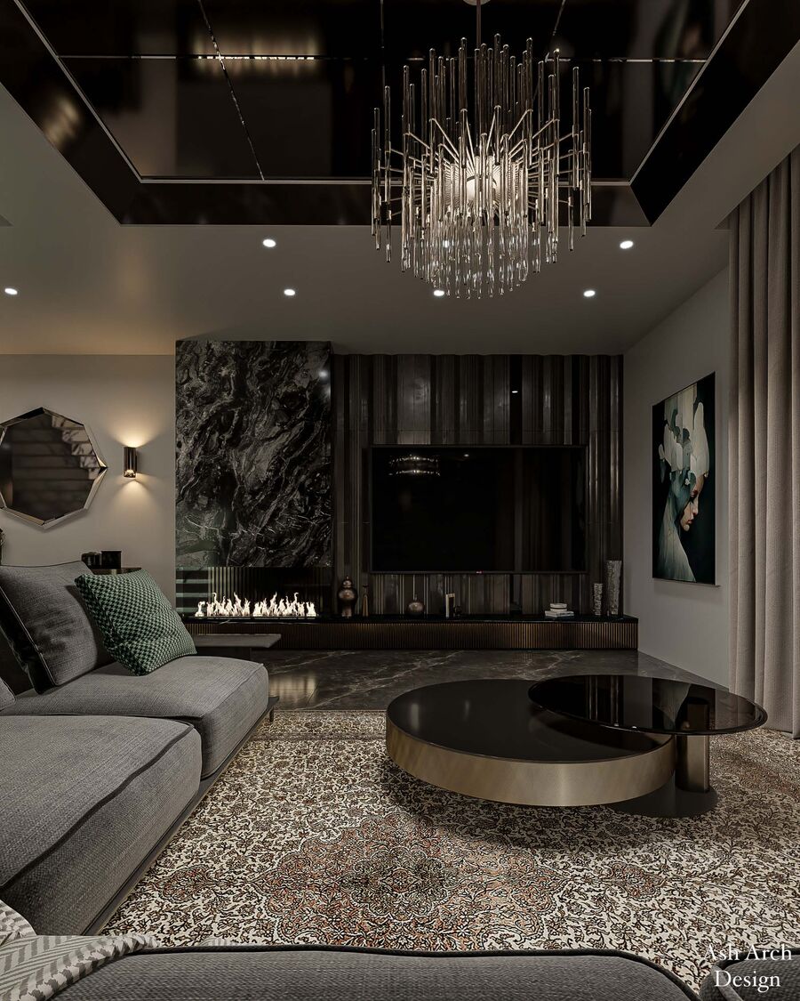 Living — fireplace and marble feature wall