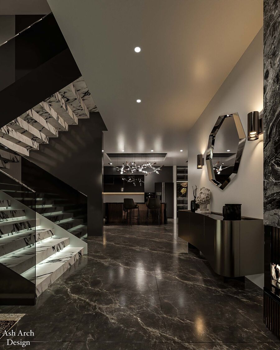 Foyer — staircase and polished marble floor