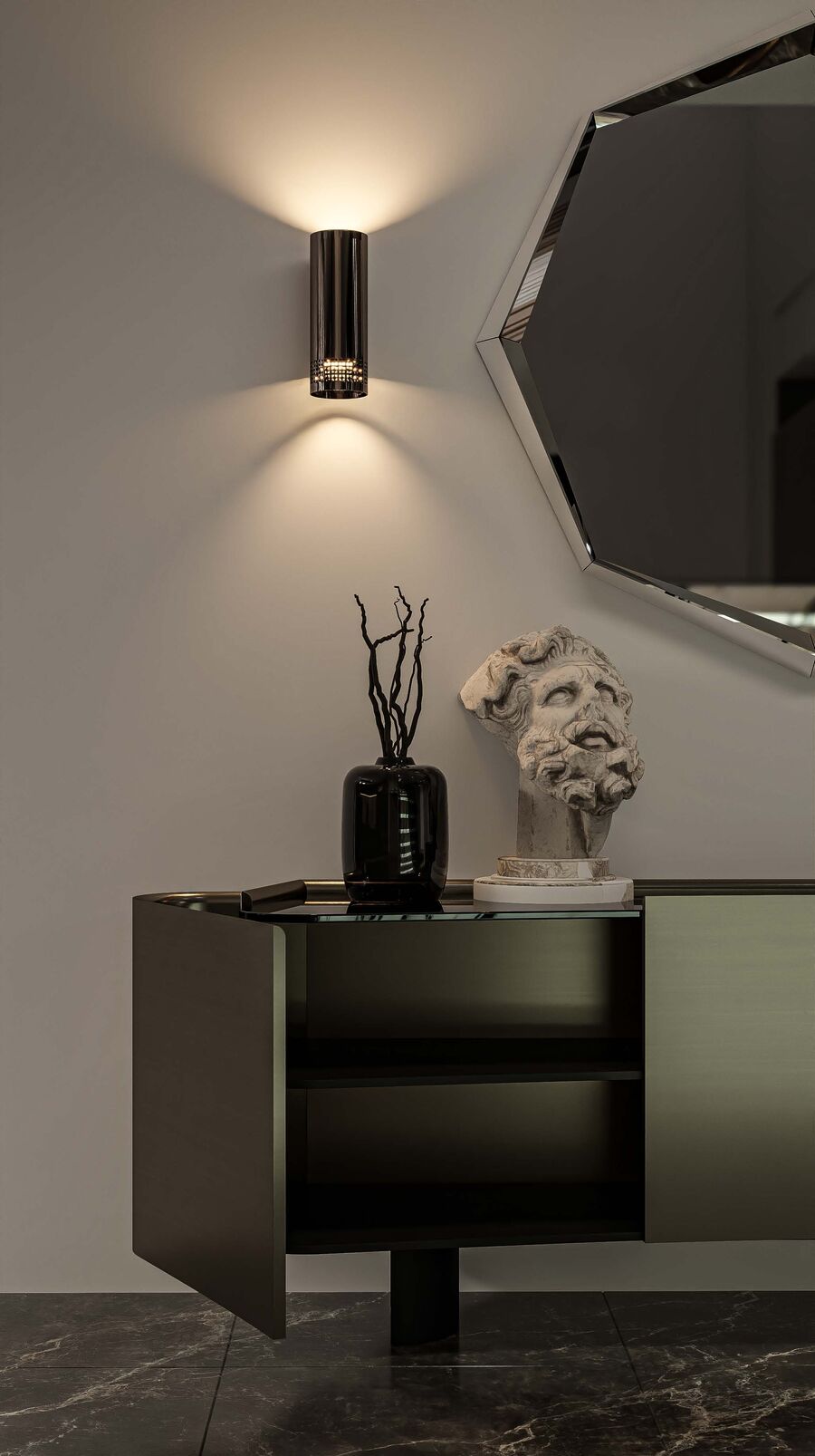Detail — sculptural console with art objects