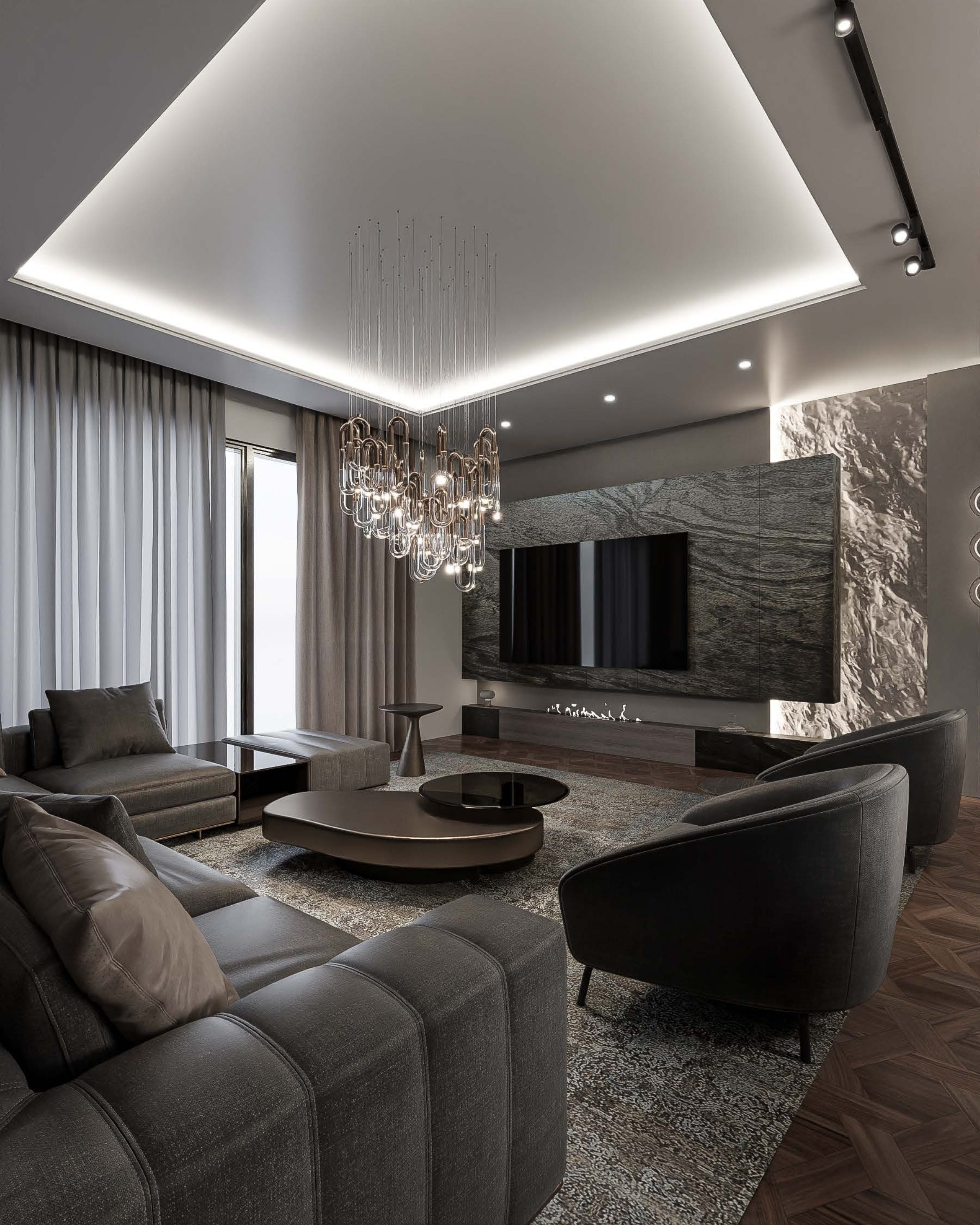 Unit1 living fireplace chandelier